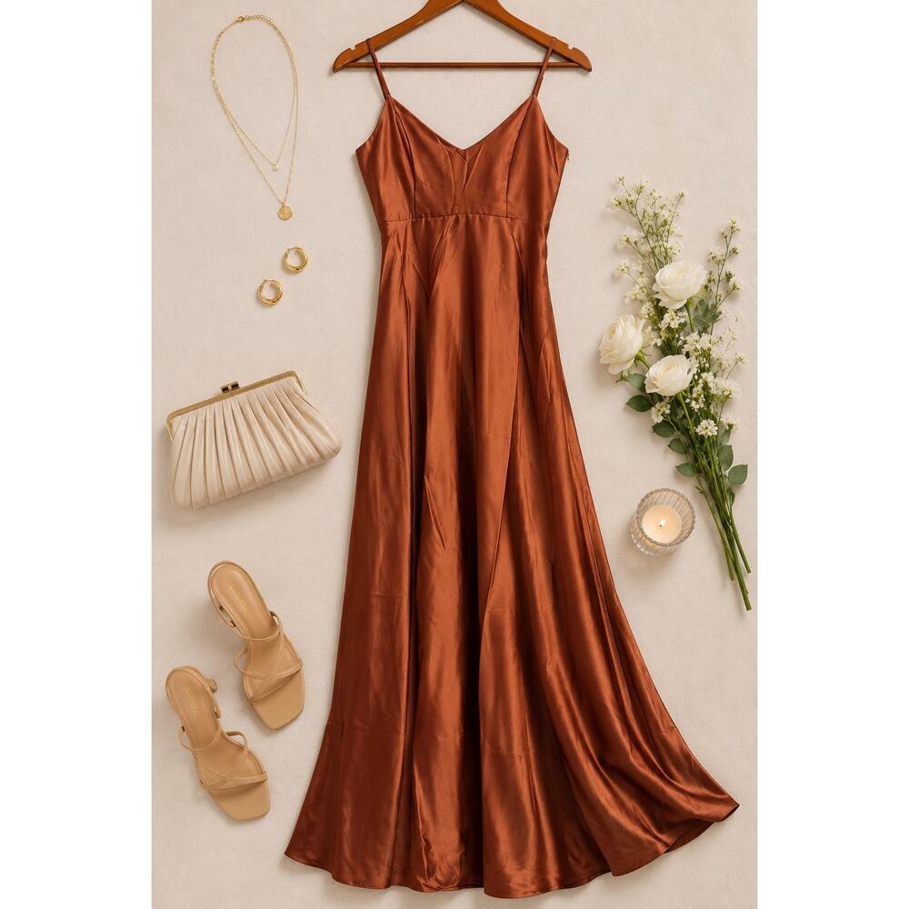 Show Me Your Mumu Faith Copper Satin Slip Maxi Dress Wedding Guest Formal XXS